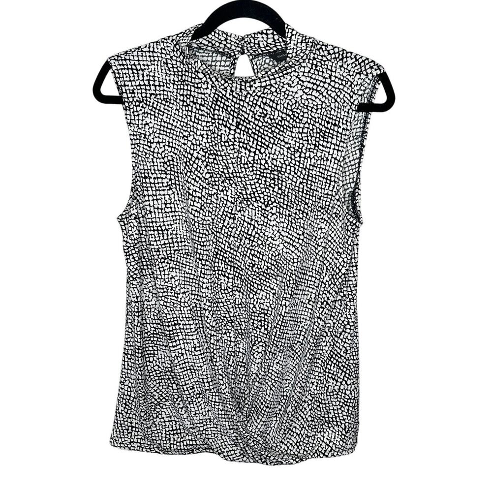 Banana Republic Animal Print Blouse M Black White Sleeveless High Neck Ruched